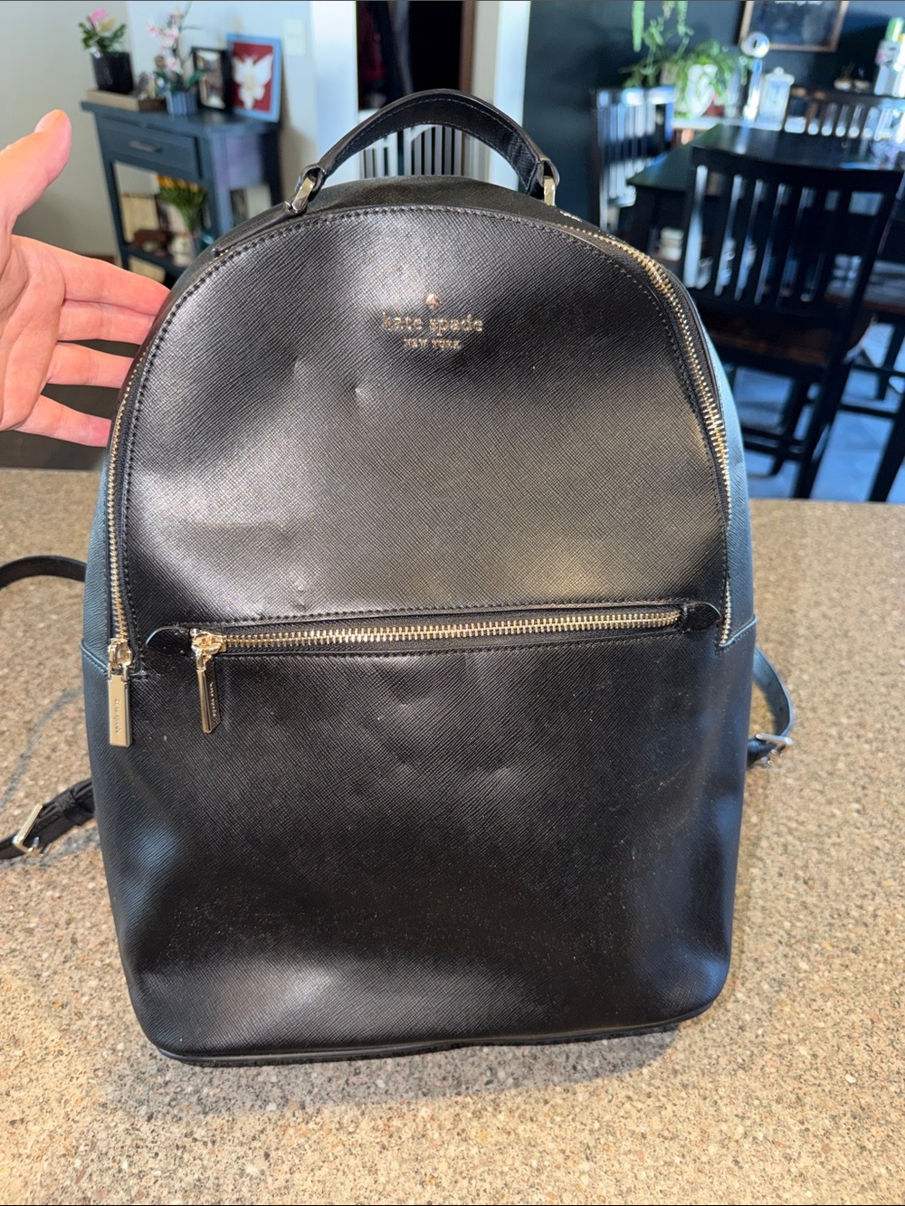 kate spade Black Leather Saffiano Backpack with Gold Hardware